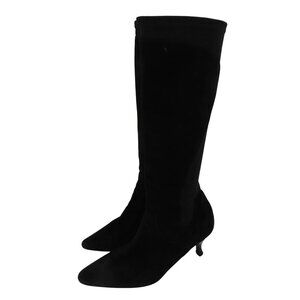 Aquatalia Women 8.5 Black Suede Knit Stretch Kitten Heel Boots Pointed Toe Zip